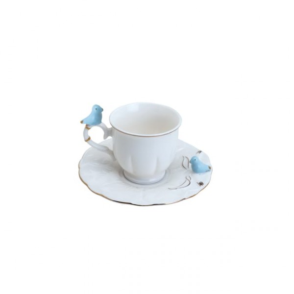 jogo 6 xícaras café porcelana birds round plate colorido 100 ml 