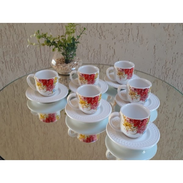 jogo 6 xícaras café floral com pires branco