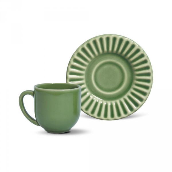 jogo 6 xícaras café verde sálvia com pires plissê